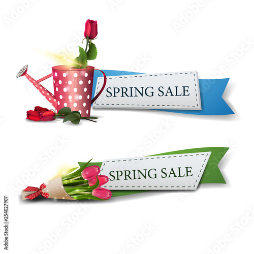 Two spring sales banners with riibons, bouquet of tulips and rose in the watering can