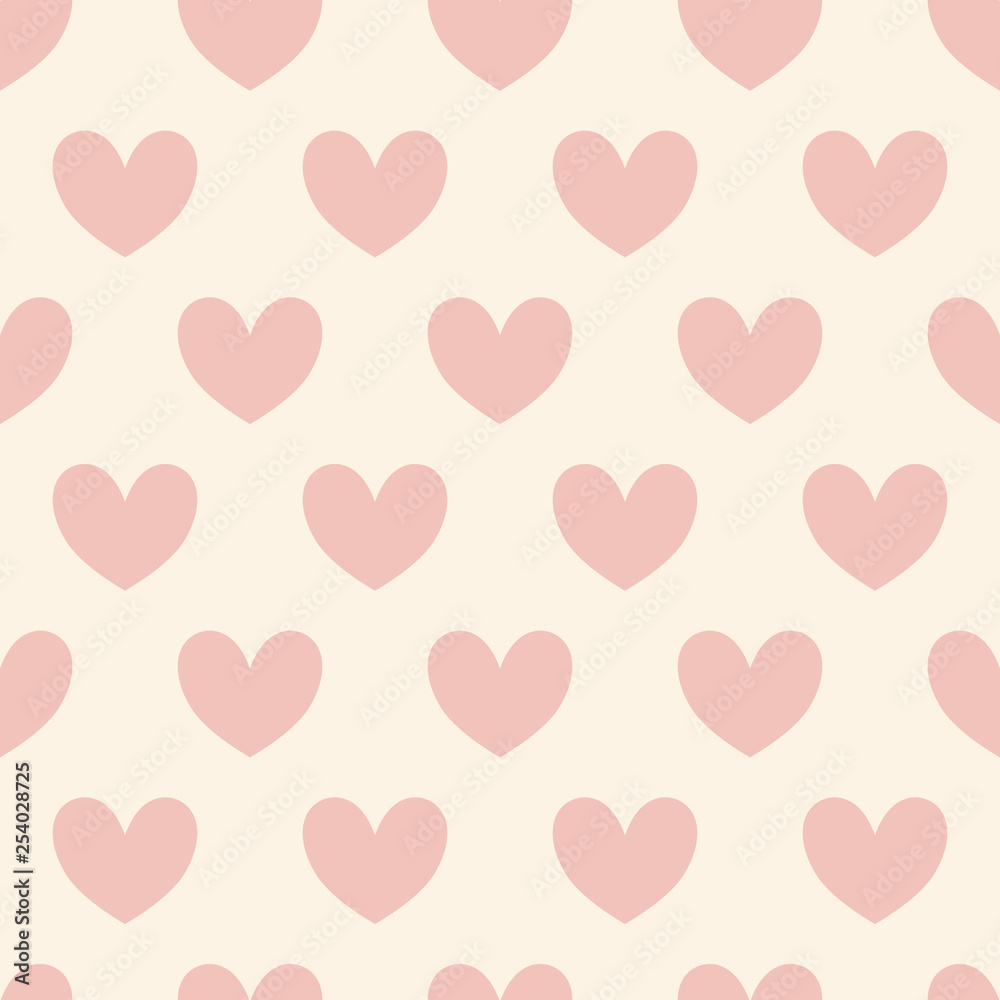 Seamless repeating pattern of red pastel hearts arranged regularly. Vector illustration of love elements on beautiful light background. Romantic backdrop.