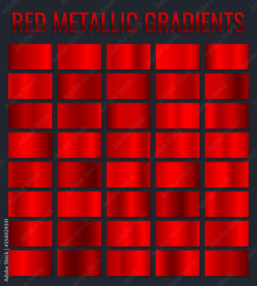 Collection red metallic gradients, chrome christmas gradient set. Vector illustration