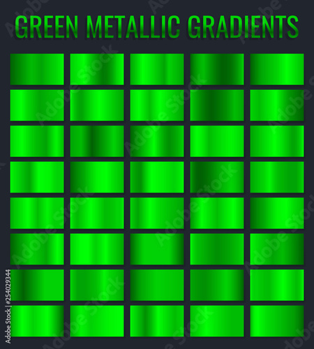 Collection of green metallic gradient. Brilliant plates with chrome effect. Vector illustration