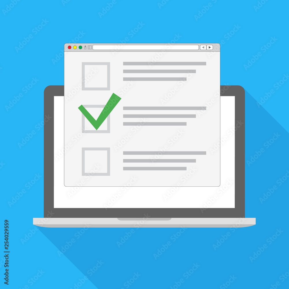 Computer laptop with checklist on screen. Online form survey, laptop with showing long quiz exam paper sheet document, online questionnaire results. Computer laptop with checklist on screen. Online form survey, laptop with showing long quiz exam paper sheet document, online questionnaire results.