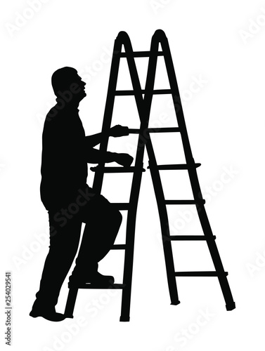 Construction worker climbing on ladders vector silhouette illustration isolated on white background. Painter painting at work. Laborer on work. Under construction. Handyman at home. Diagnostic and fix