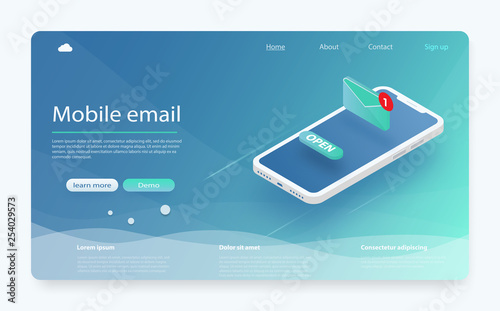 Email service isometric vector illustration. E-mail marketing concept, marketing research. New message on the smartphone screen. 