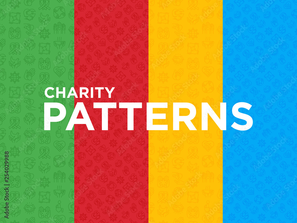 Φωτογραφία Four different Charity seamless patterns with thin line icons: donation, save world, reunion, humanitarian aid, ribbon, medical support, charity to disabled people, life saving