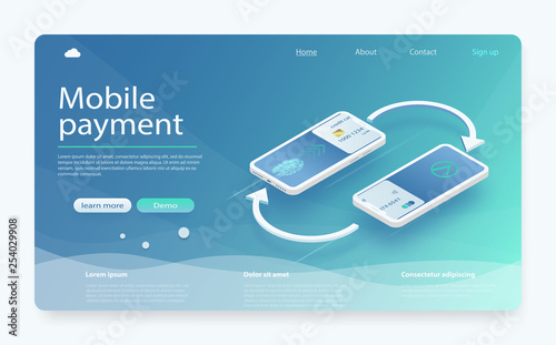 Isometric mobile payment concept. Mobile payment security transaction via credit card. Transfer money from credit card.