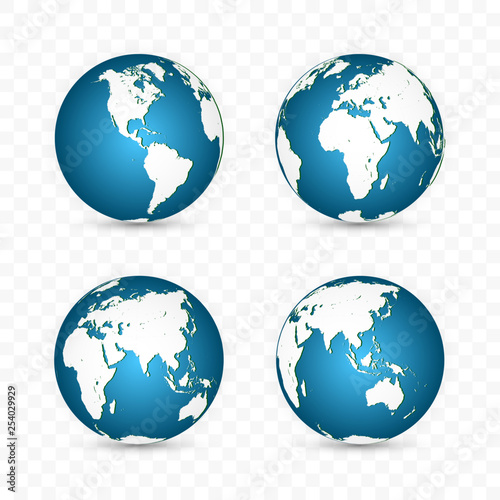 Earth globe. World map set. Planet with continents. Vector Illustration