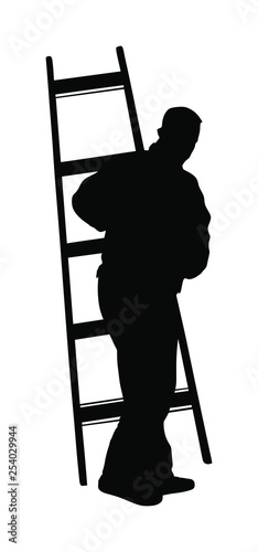 Builder carrying a ladder vector silhouette isolated on white background. Construction worker with ladder walking. Painter painting at work. Handyman working on home adaptation. Move in laborer action