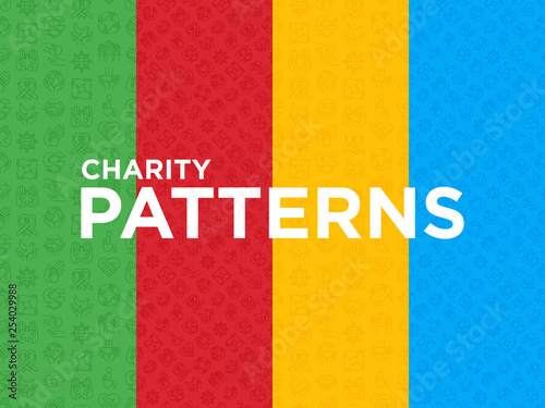 Four different Charity seamless patterns with thin line icons: donation, save world, reunion, humanitarian aid, ribbon, medical support, charity to disabled people, life saving. Vector illustration.