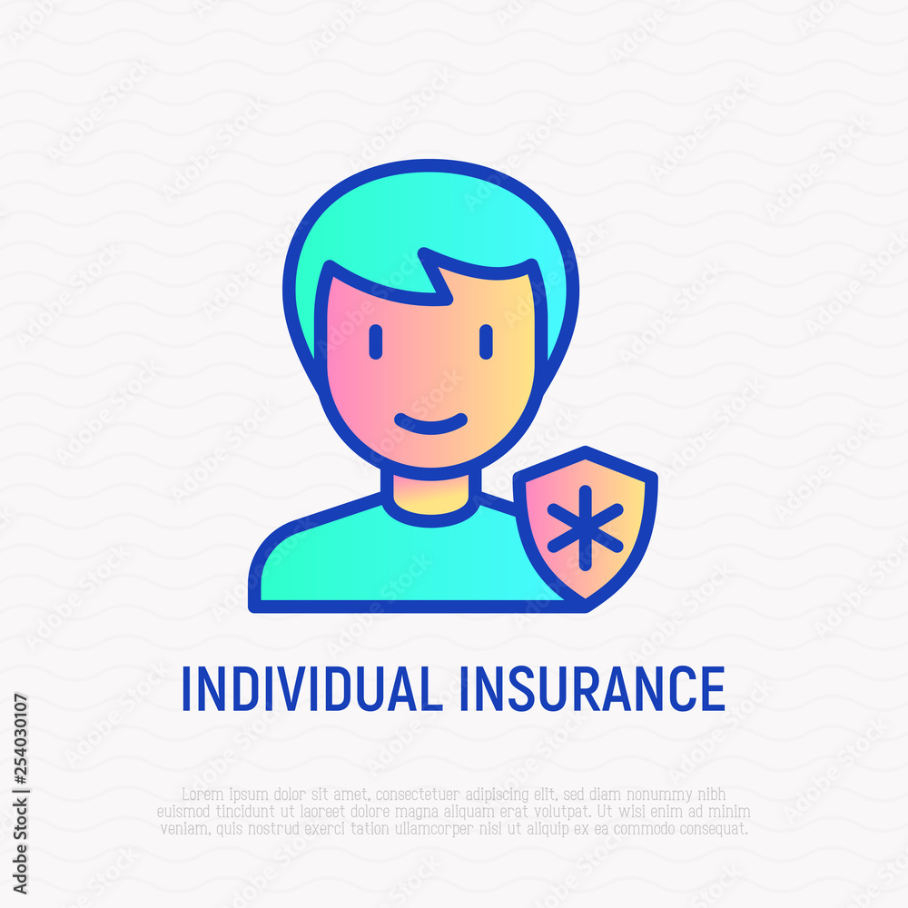Individual insurance thin line icon. Man with medical shield. Modern vector illustration. - obrazy, fototapety, plakaty 