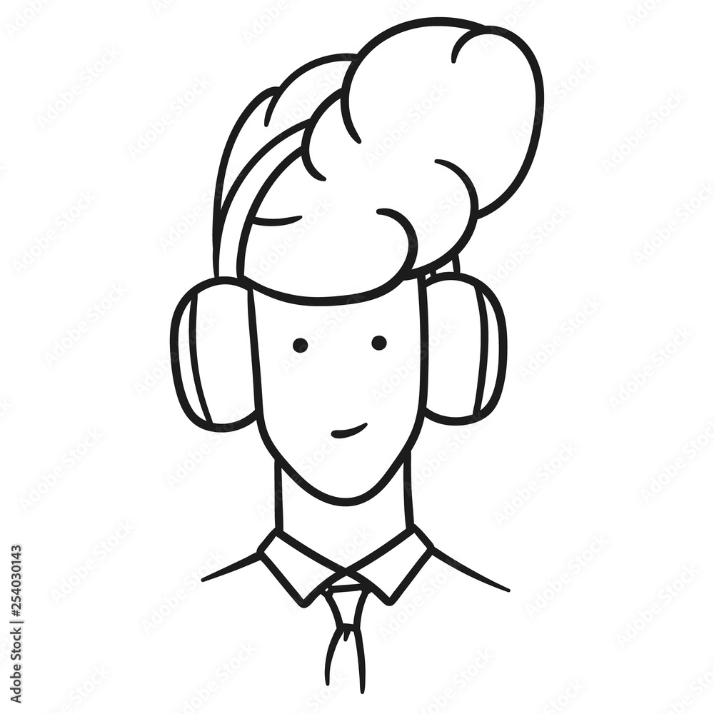 Outlined vector illustration of a man's face with stylish haircut and headphones