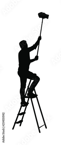 Painter workers on ladder vector silhouette isolated on white. Man decorator painting wall with paint brush roller. Crew renovation home. Handyman move in job. Washing window cleaning service action