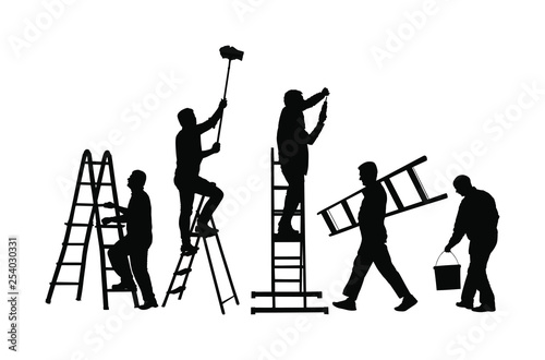 Painter workers on ladder vector silhouette isolated on white. Man decorator painting wall with paint brush roller. Crew renovation home. Handyman move in job. Washing window cleaning service action