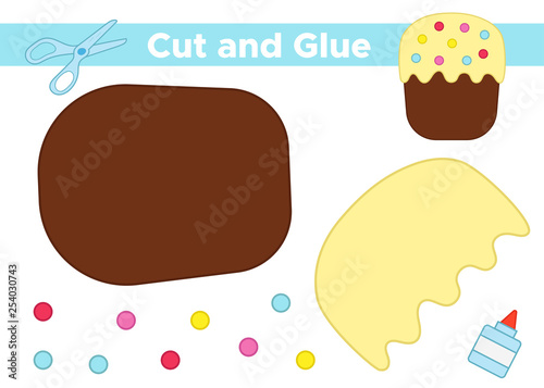 Education paper game for preschool kids. Create the applique Easter cake. Cut and glue. Vector illustration.