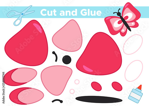 Education paper game for preschool kids. Create the applique beautiful butterfly. Cut and glue. Vector illustration.