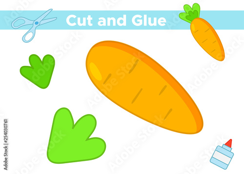 Education paper game for preschool kids. Create the applique vegetable - carrot. Cut and glue. Vector illustration.