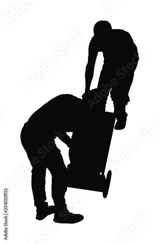 Hard workers pushing wheelbarrow and carry big box vector silhouette isolated on white. Delivery man moving package by cart. Service moving transport. Warehouse job activity.  Looting bailiff laborers