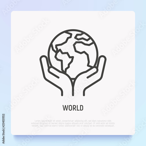 World thin line icon: hands holding the globe. Modern vector illustration.