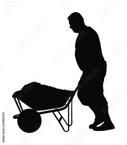 Construction worker with wheelbarrow vector silhouette illustration. Man carrying loader with sand. Transportation carrying on cart. Worker with building material on site. Farmer pushing cart.