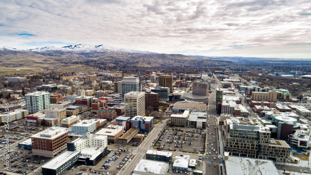 Aerial view of Boise Idaho with winter show in the foothills