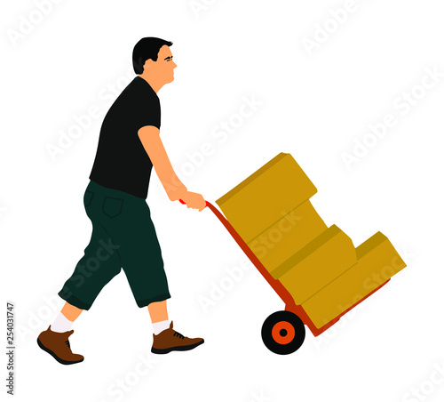Hard worker pushing wheelbarrow and carry big box vector illustration isolated on white background. Delivery man moving package  by cart. Service moving transport. Warehouse job activity. Distribution