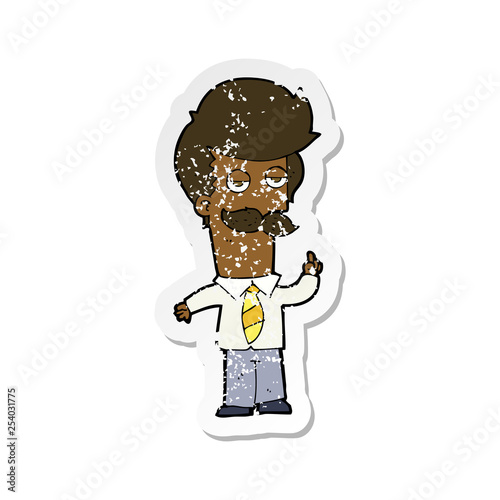retro distressed sticker of a cartoon mna with mustache explaining
