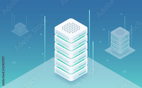 Big data processing, web hosting, server rack, data storage, omputing and processing information concept. Server room isometric vector. 