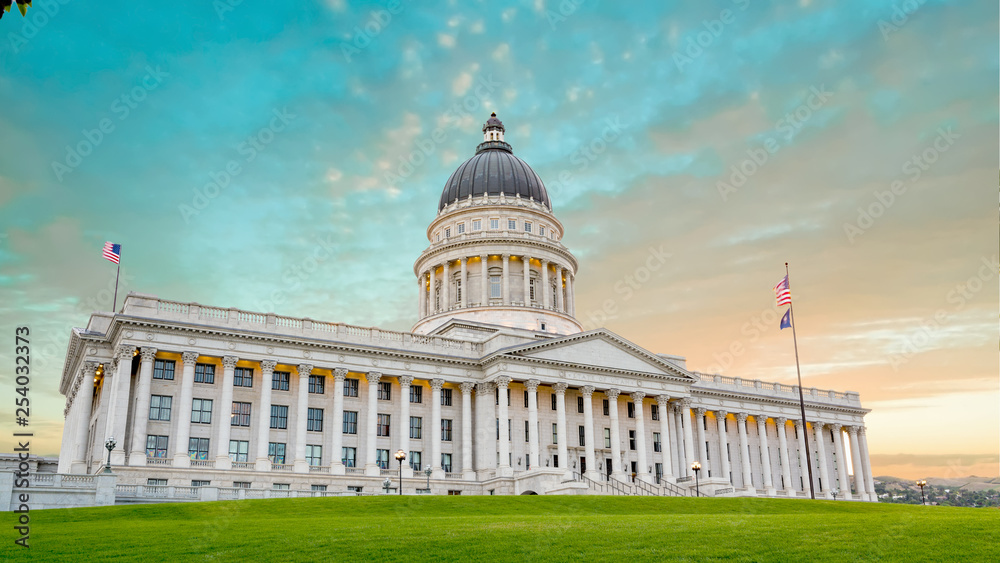Utah state Capital building in the morning with colorful clouds