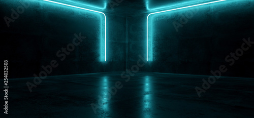 Sci Fi Neon Futuristic Cyberpunk Glowing Retro Modern Vibrant Blue Lights Laser Show Empty Stage Room Hall Reflective Concrete Grunge  Club Background 3D Rendering © IM_VISUALS