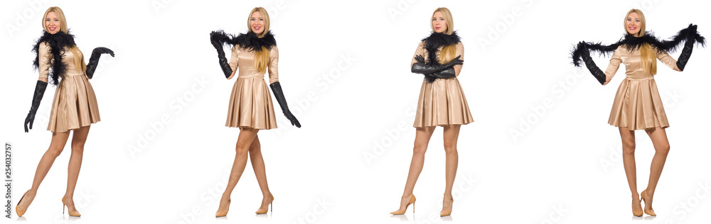 Beautiful woman in golden dress isolated on white Beautiful woman in golden dress isolated on white