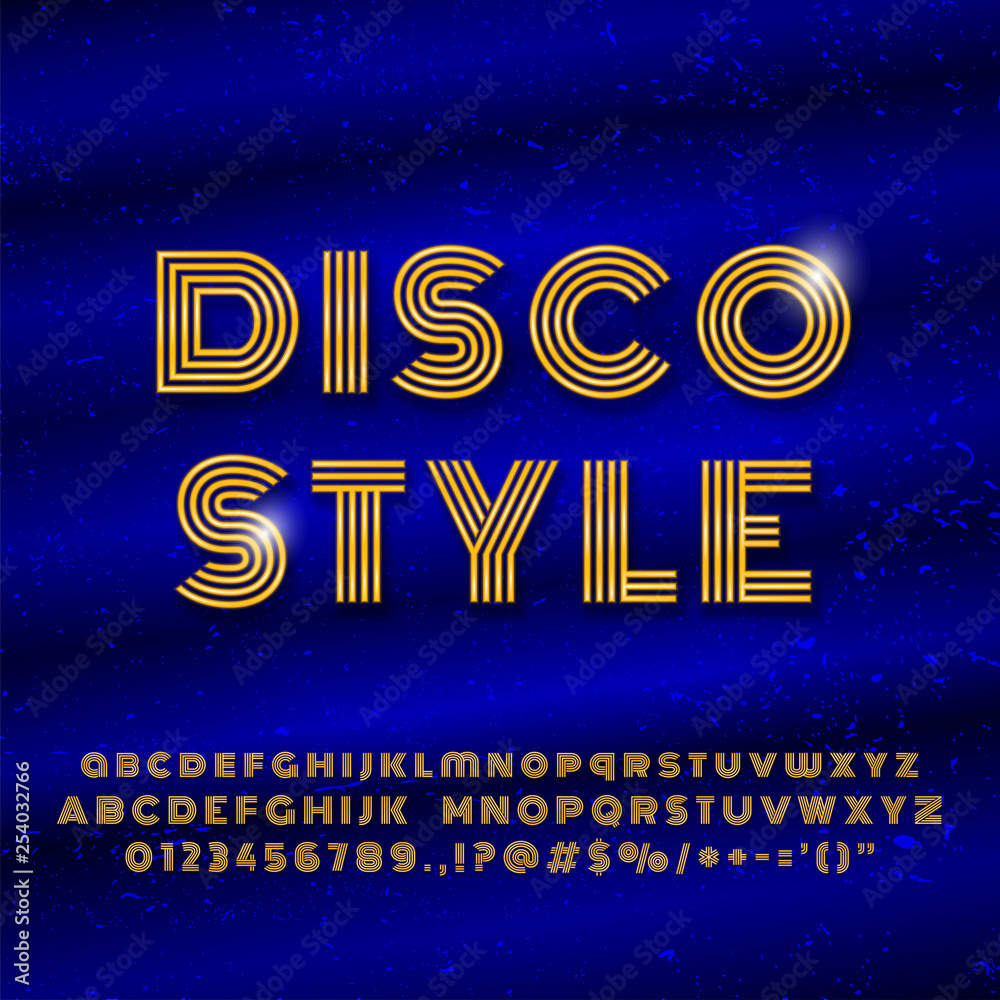Alphabet in Retro style Disco font effect on blue background
