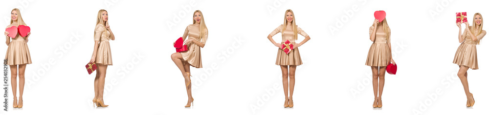 Beautiful woman in golden dress with giftbox Beautiful woman in golden dress with giftbox