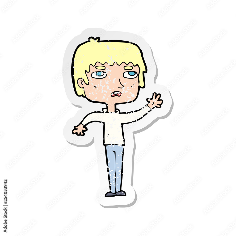 retro distressed sticker of a cartoton unhapy boy waving retro distressed sticker of a cartoton unhapy boy waving