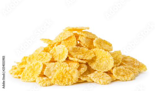 Photos Heap of cornflakes close up on a white. Isolated.