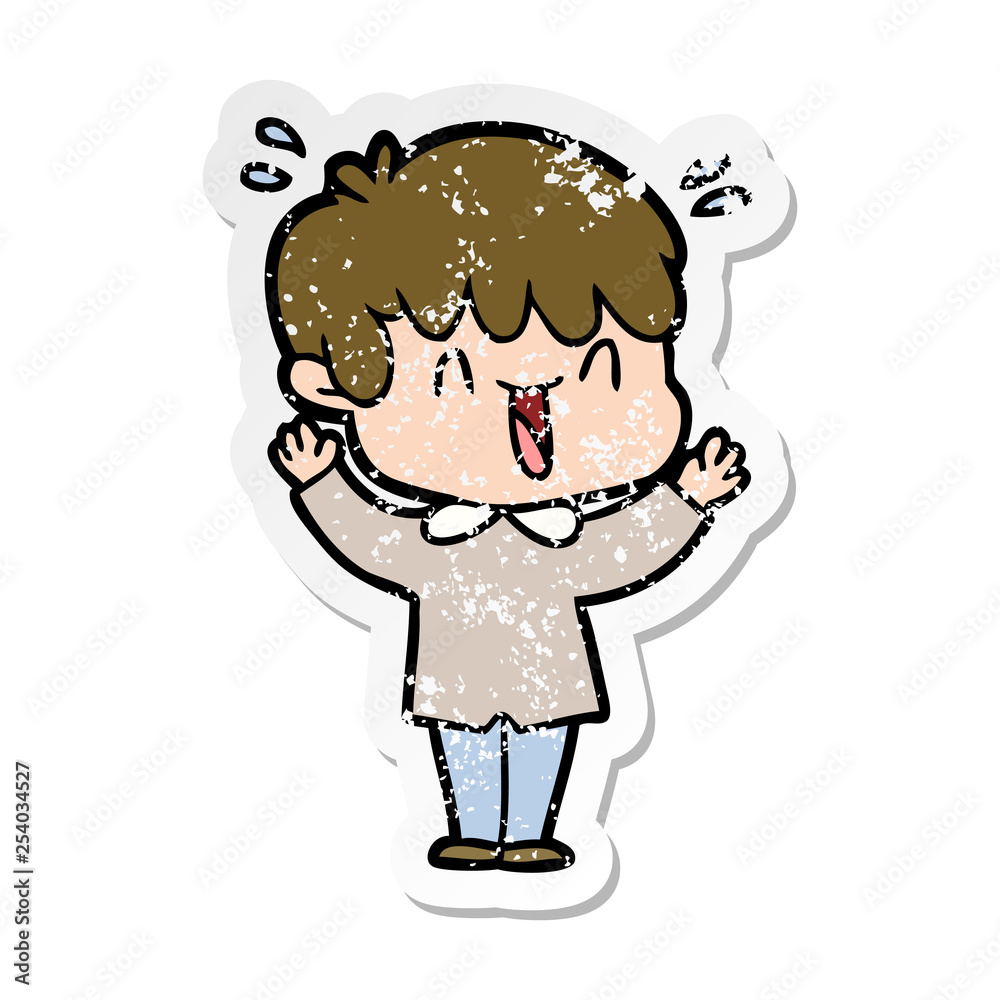 distressed sticker of a cartoon laughing boy distressed sticker of a cartoon laughing boy