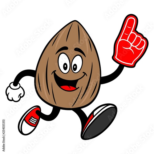 Almond Mascot running with a Foam Finger - A vector cartoon illustration of a Almond mascot running with a Foam Hand.