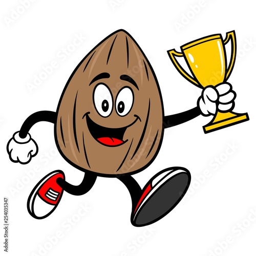 Almond Mascot running with a Trophy - A vector cartoon illustration of a Almond mascot running with a Trophy.