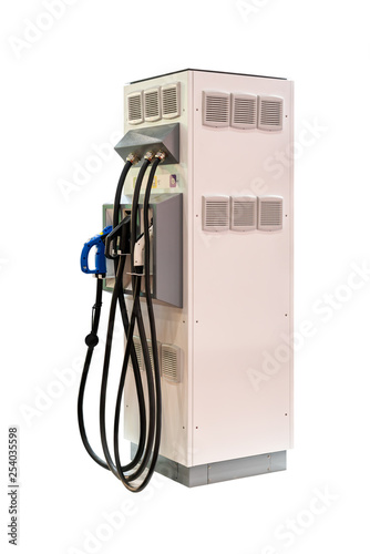 Modern and high technology of transportation electric vehicle charging (Ev) station with plug of power cable supply for Ev car or hybrid isolated on white background with clipping path