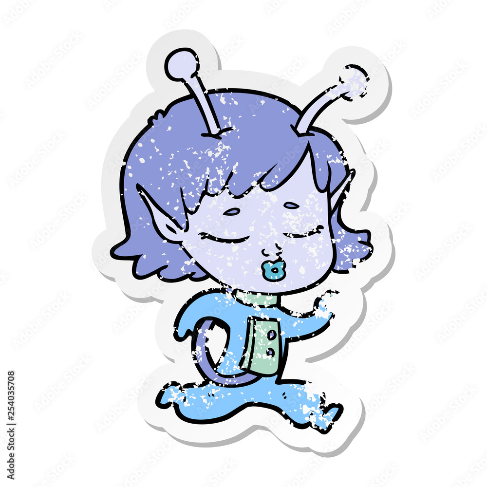 distressed sticker of a cartoon alien girl distressed sticker of a cartoon alien girl
