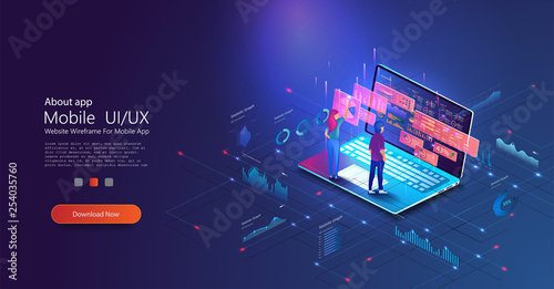 People work and interacting with graphs. Application of laptop with business graph and analytics data on isometric laptop. Website header images on blue background.Vector