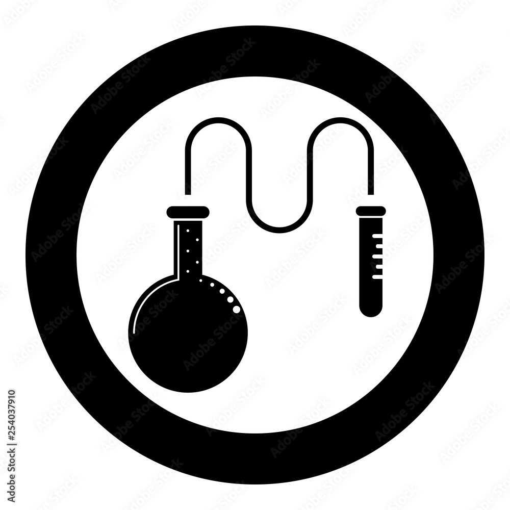 Obraz premium Oil distillation Flask for chemical reagents with test tube using a thin tube Chemical reaction concept icon black color vector in circle round illustration flat style image