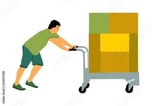 Delivery man carrying boxes of goods. Post man with package . Distribution and procurement. Boy holding heavy package for moving service. Handy man walking in move action. Hand transportation method.