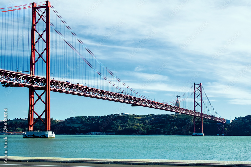 25th of April Bridge over the Tagus river, connecting Almada and Lisbon in Portugal