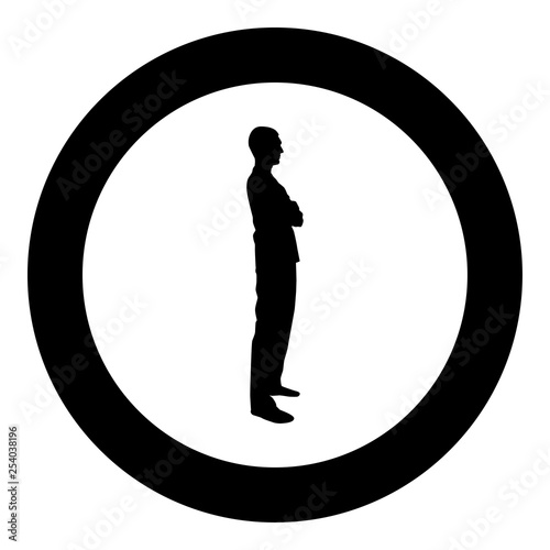 Man standing with hands crossed Dentist surgeon in medical clothes with folded hands on his chest Concept of the end of surgery operation Side view icon black color vector in circle round 