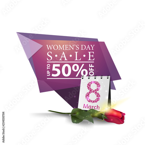 Modern geometric discount banner to the women's day with rose and calendar