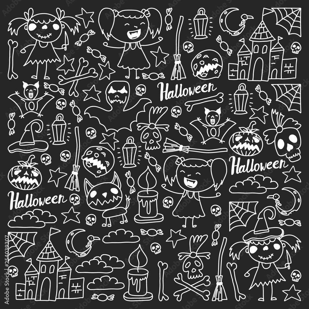 Obraz premium Halloween themed doodle set. Traditional and popular symbols - carved pumpkin, party costumes, witches, ghosts, monsters, vampires, skeletons, skulls, candles bats Isolated over white background.