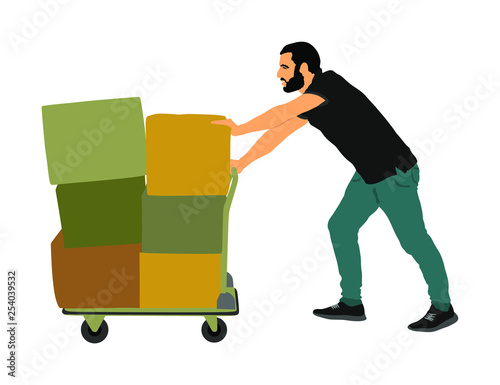 Delivery man carrying boxes of goods. Post man with package . Distribution and procurement. Boy holding heavy package for moving service. Handy man walking in move action. Hand transportation method.