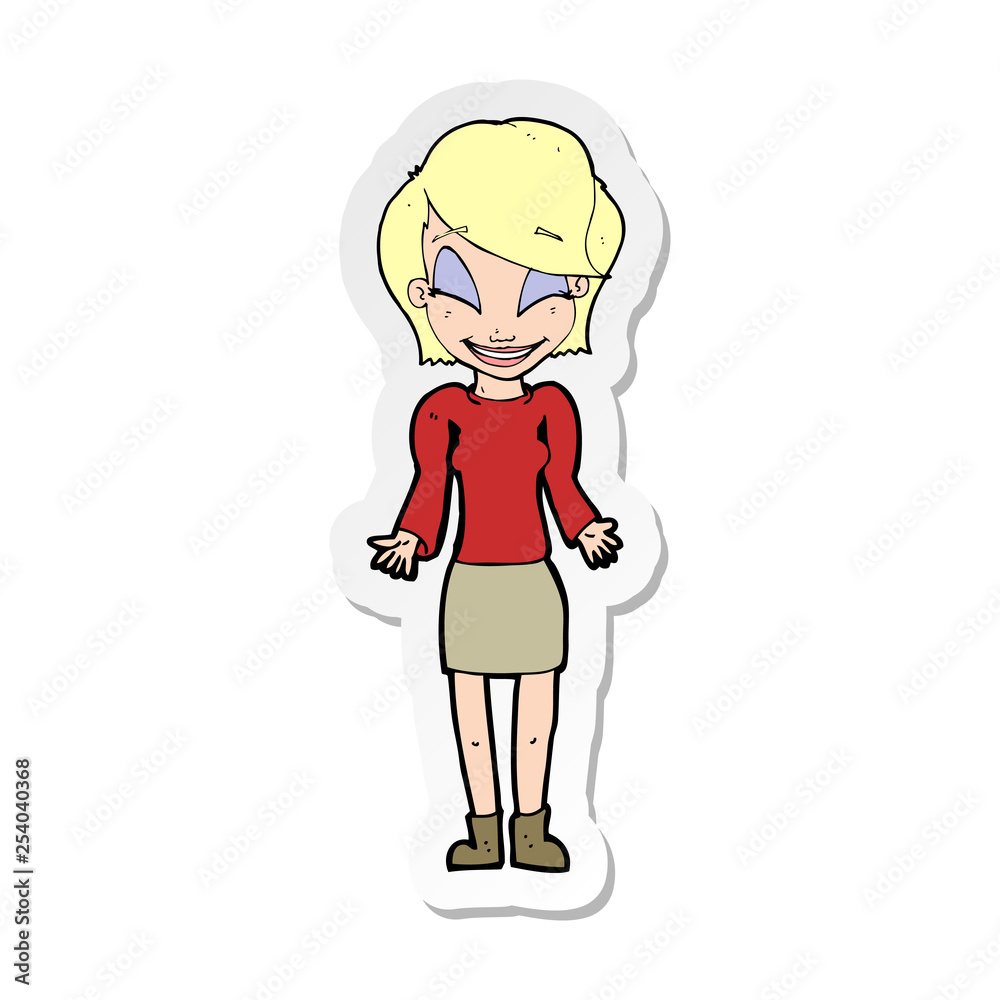 sticker of a cartoon happy woman shrugging shoulders sticker of a cartoon happy woman shrugging shoulders
