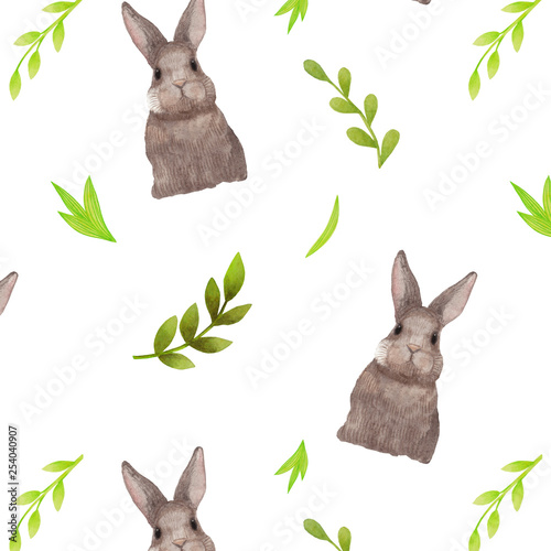 Watercolor seamless pattern with hare or rabbit and plants on a white background.