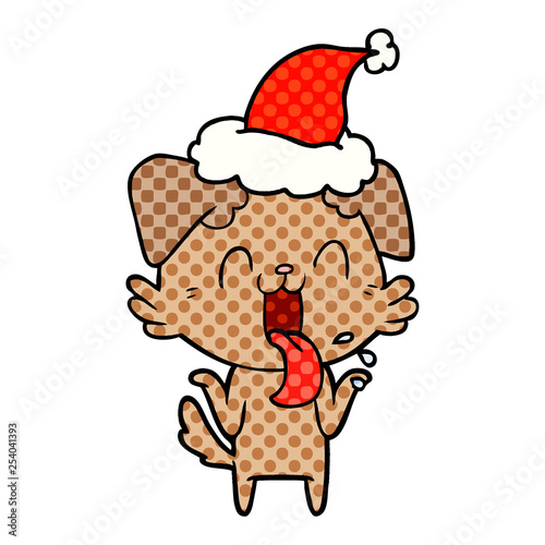 comic book style illustration of a panting dog shrugging shoulders wearing santa hat