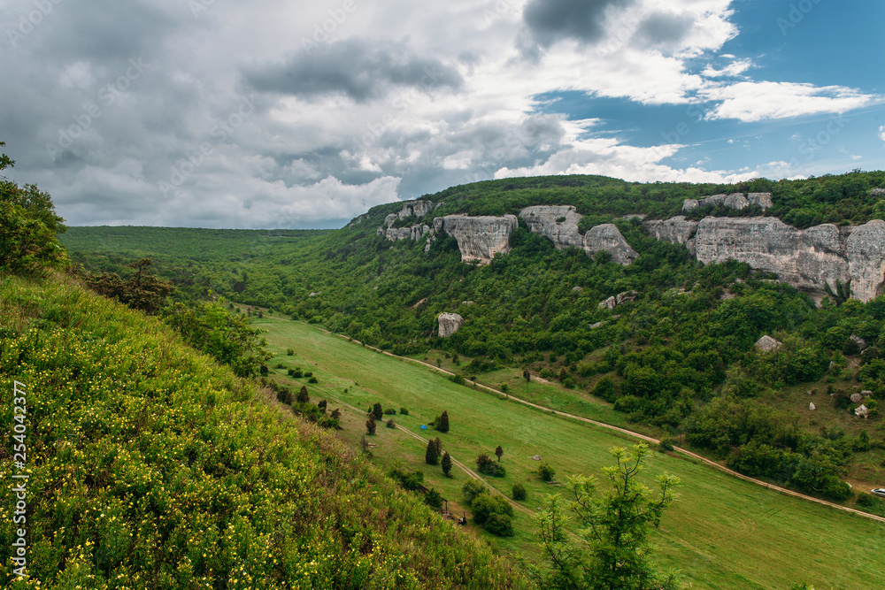 Mountain valley covered by forest, meadow and pasture. Landscape in the Crimean mountains